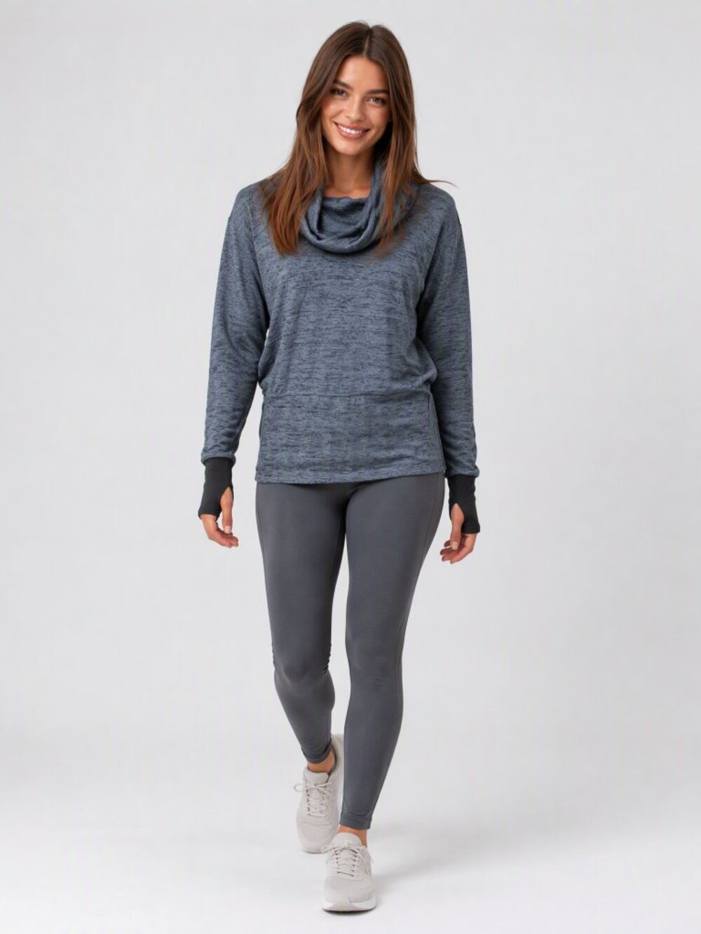 Athleta Gray Cowl Neck Top with Thumb hole sleeves and Kangaroo pocket S